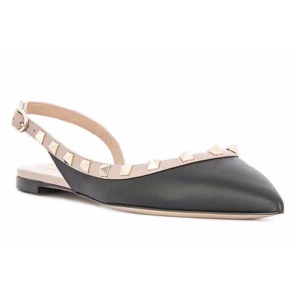 Valentino Rockstud Black Nude Stud Pointed Slingback Ballet Ballerina Flat 38.5 - Picture 2 of 12